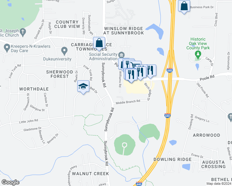 map of restaurants, bars, coffee shops, grocery stores, and more near 805 Sunnybrook Road in Raleigh