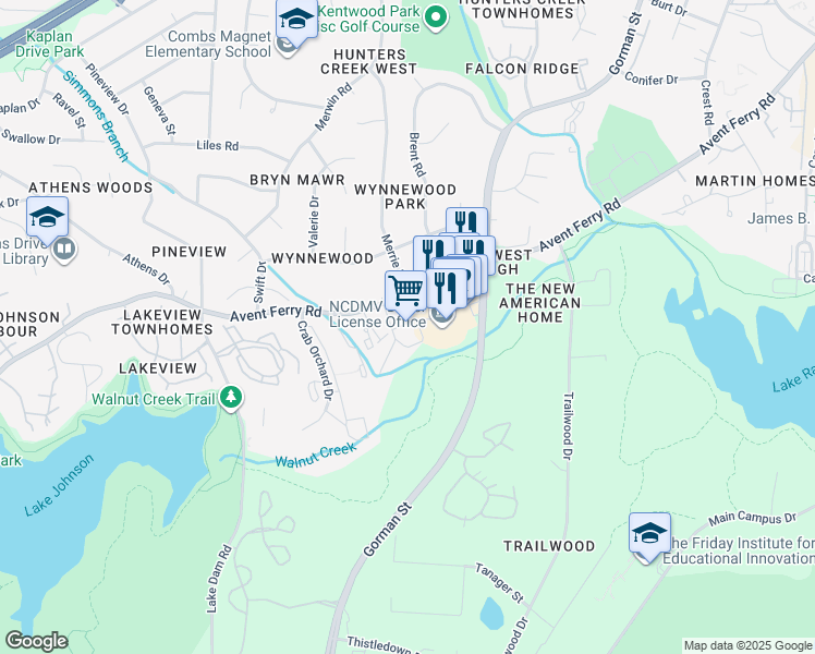 map of restaurants, bars, coffee shops, grocery stores, and more near 3416 Greek Way in Raleigh
