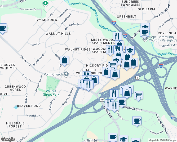 map of restaurants, bars, coffee shops, grocery stores, and more near 1260 Donaldson Court in Cary