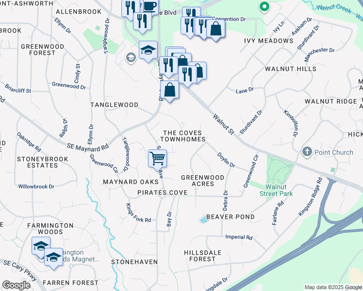 map of restaurants, bars, coffee shops, grocery stores, and more near 1218 Collington Drive in Cary