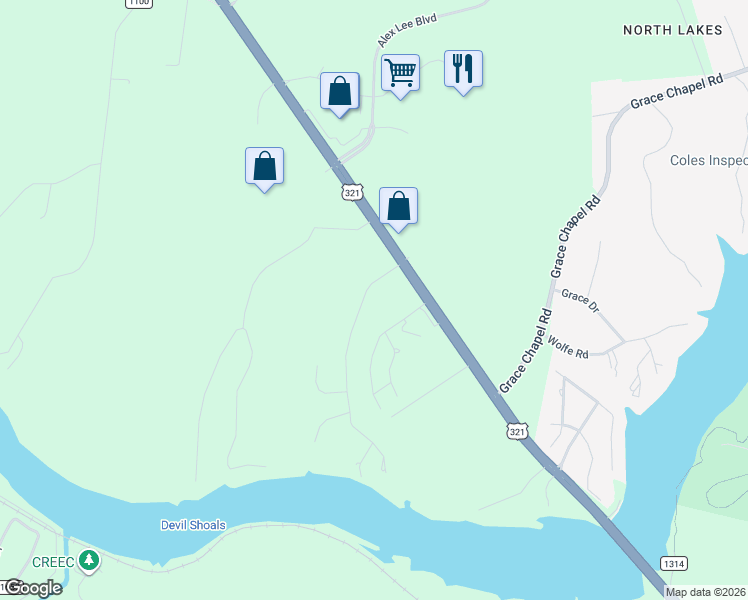 map of restaurants, bars, coffee shops, grocery stores, and more near 4942 Midway Sand Road in Hickory