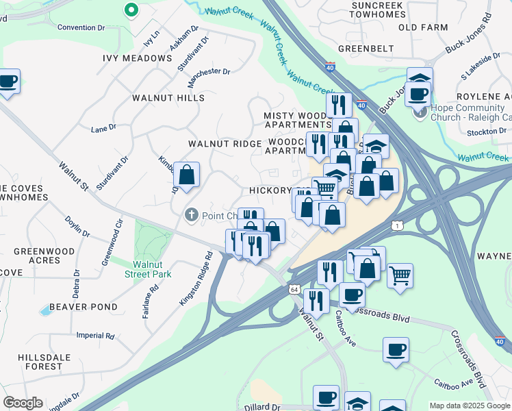 map of restaurants, bars, coffee shops, grocery stores, and more near 1260 Donaldson Court in Cary