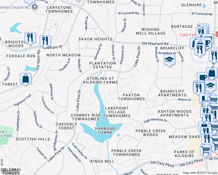 map of restaurants, bars, coffee shops, grocery stores, and more near 108 Grey Fox Court in Cary