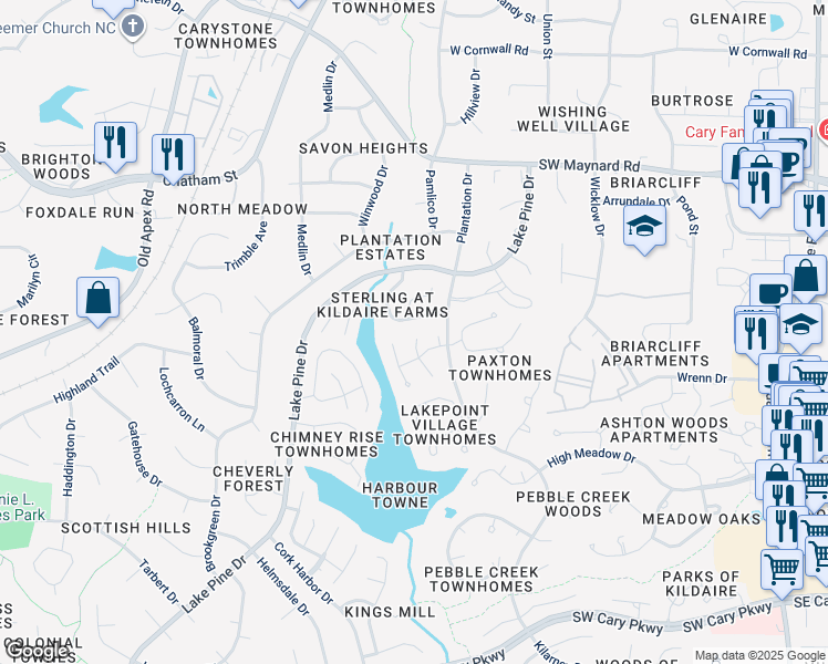 map of restaurants, bars, coffee shops, grocery stores, and more near 108 Grey Fox Court in Cary