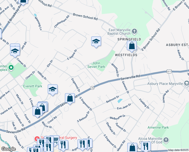 map of restaurants, bars, coffee shops, grocery stores, and more near 926 Brentwood Drive in Maryville