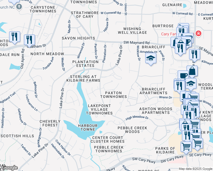 map of restaurants, bars, coffee shops, grocery stores, and more near 104 Pickett Lane in Cary