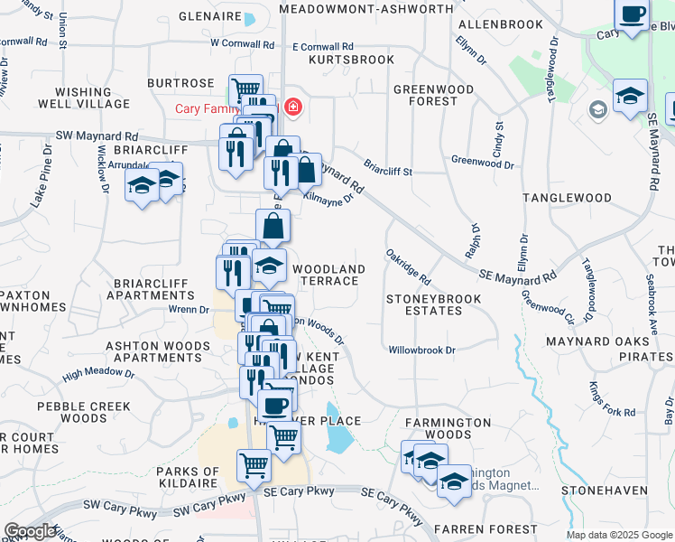 map of restaurants, bars, coffee shops, grocery stores, and more near 300 Kildaire Woods Drive in Cary