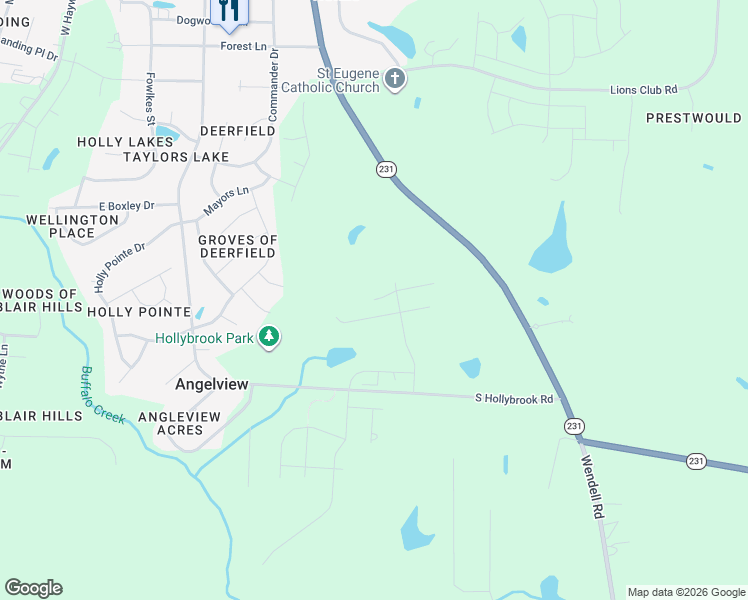 map of restaurants, bars, coffee shops, grocery stores, and more near 1427 South Hollybrook Road in Wendell