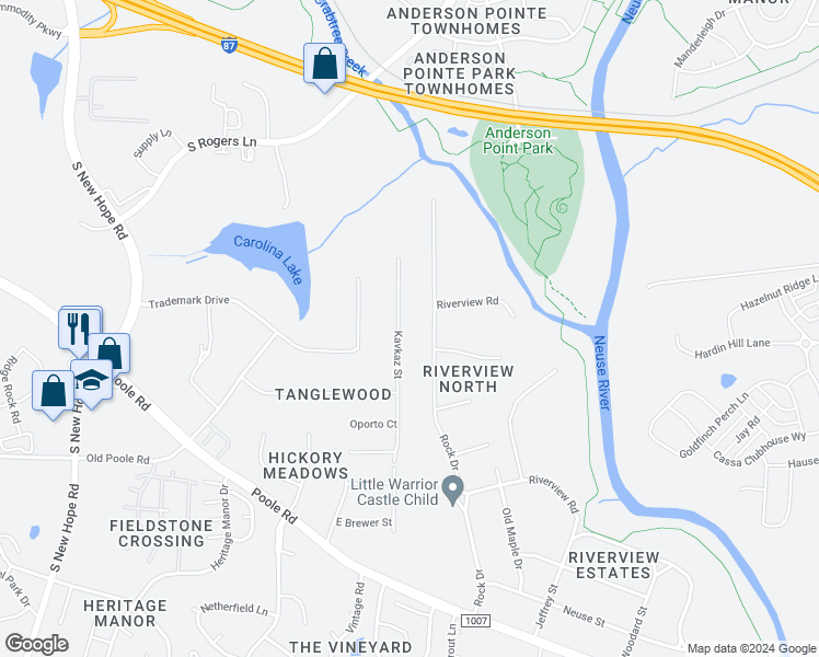 map of restaurants, bars, coffee shops, grocery stores, and more near 721 Kavkaz Street in Raleigh