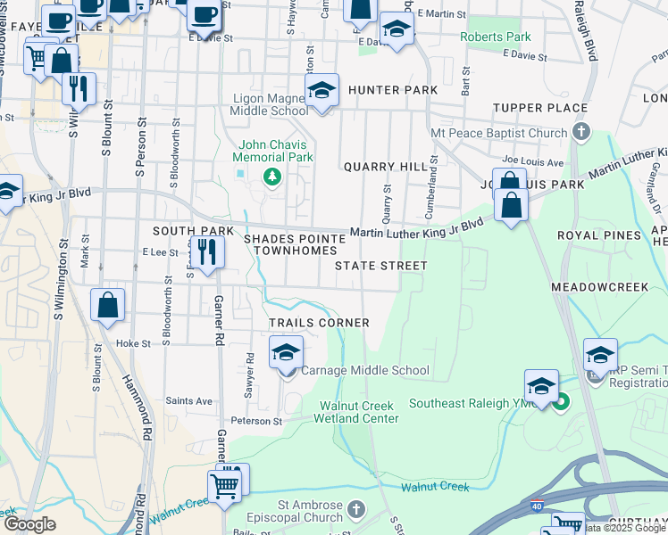 map of restaurants, bars, coffee shops, grocery stores, and more near 1113 Spaulding Street in Raleigh