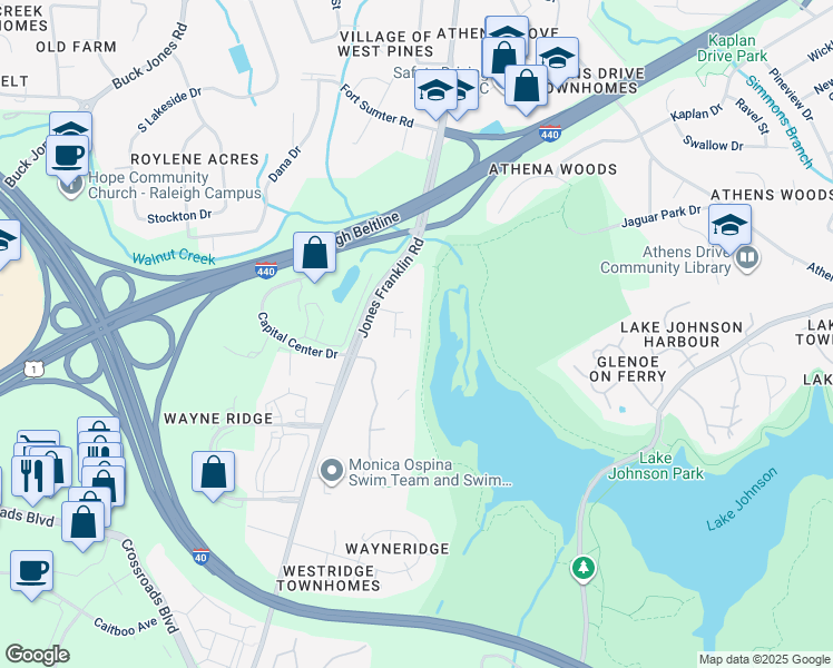 map of restaurants, bars, coffee shops, grocery stores, and more near Lake Beacon Way in Raleigh