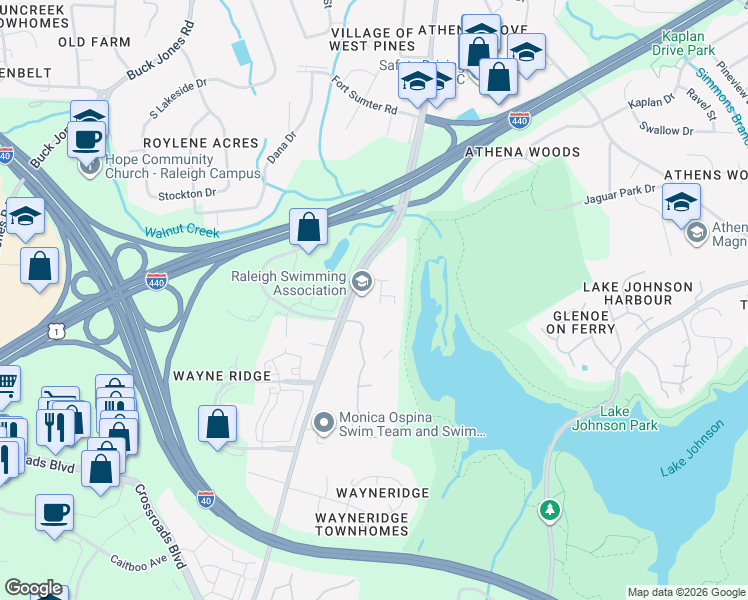 map of restaurants, bars, coffee shops, grocery stores, and more near 1100 Lupine Court in Raleigh