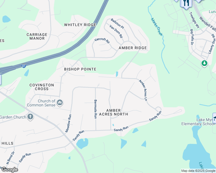 map of restaurants, bars, coffee shops, grocery stores, and more near 5805 Meadow Run in Knightdale