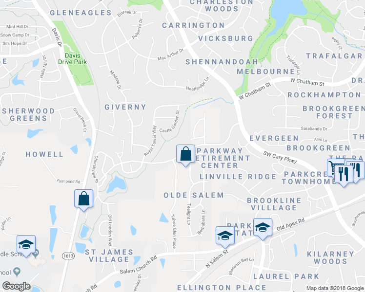 map of restaurants, bars, coffee shops, grocery stores, and more near 104 TUSSLED Ivy Way in Cary