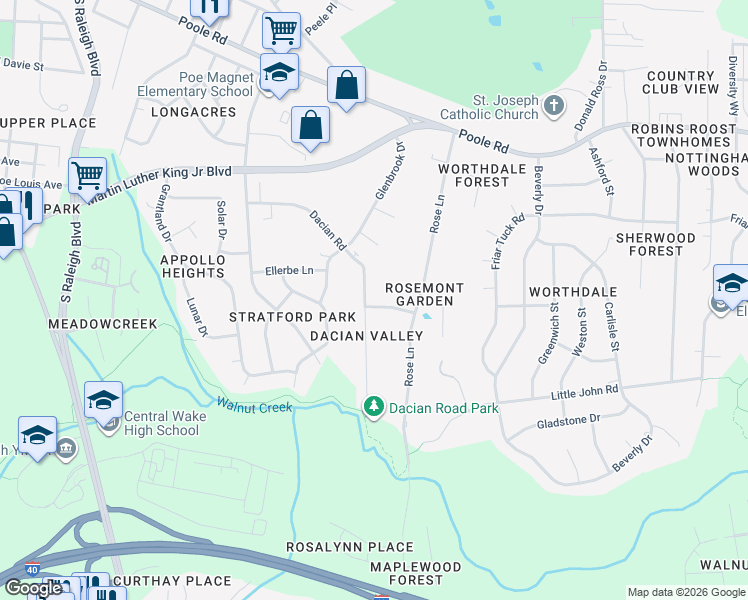 map of restaurants, bars, coffee shops, grocery stores, and more near 2603 Greyson Street in Raleigh