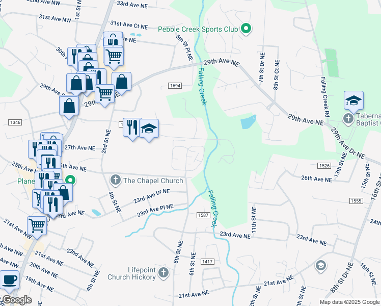 map of restaurants, bars, coffee shops, grocery stores, and more near 507 26th Avenue Northeast in Hickory