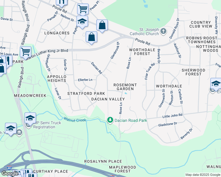 map of restaurants, bars, coffee shops, grocery stores, and more near 2603 Greyson Street in Raleigh