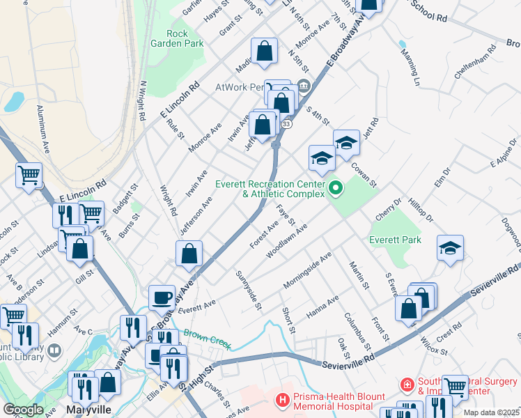 map of restaurants, bars, coffee shops, grocery stores, and more near 1310 East Broadway Avenue in Maryville