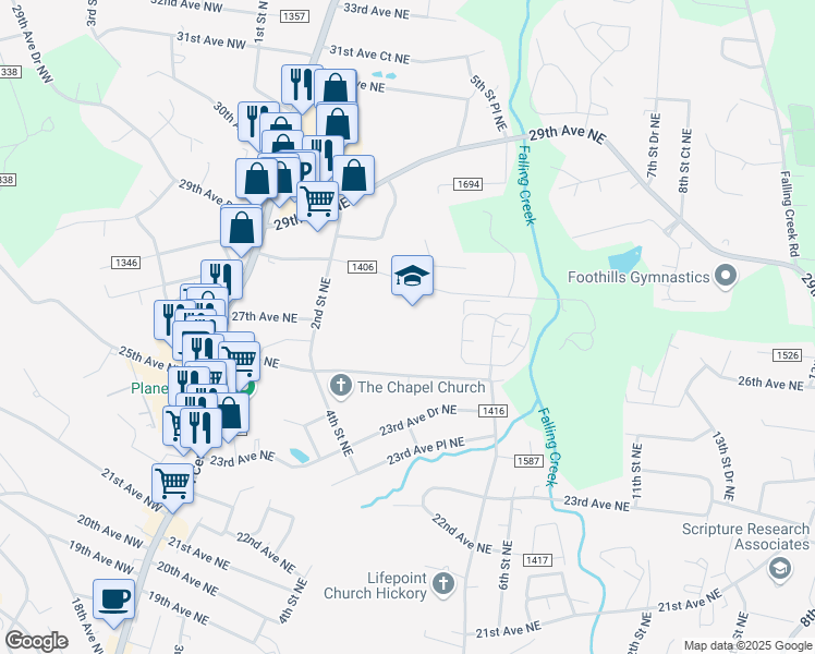 map of restaurants, bars, coffee shops, grocery stores, and more near 302 28th Avenue Northeast in Hickory