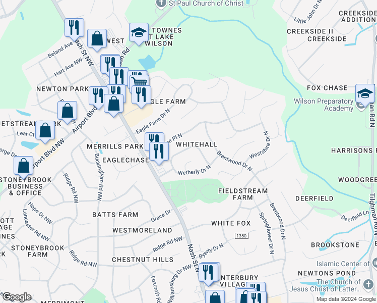 map of restaurants, bars, coffee shops, grocery stores, and more near 3407 Wembly Place in Wilson