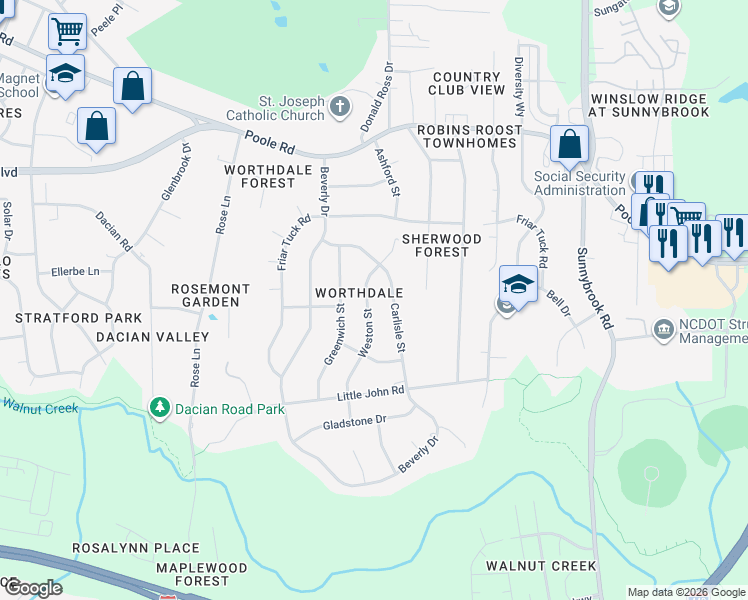 map of restaurants, bars, coffee shops, grocery stores, and more near in Raleigh