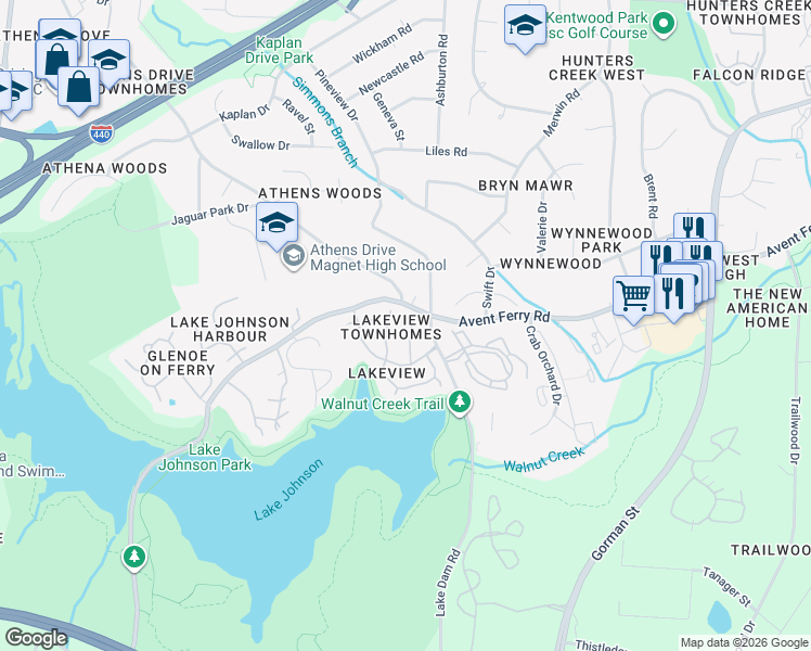 map of restaurants, bars, coffee shops, grocery stores, and more near 1022 Oak Lake Court in Raleigh
