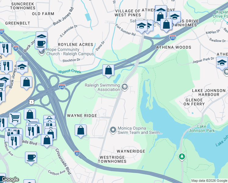 map of restaurants, bars, coffee shops, grocery stores, and more near None in Raleigh