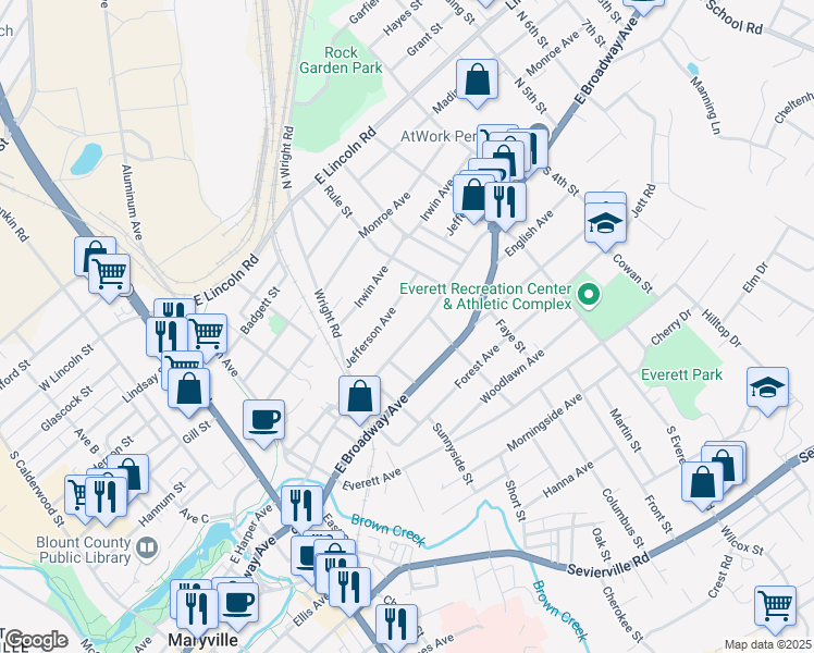 map of restaurants, bars, coffee shops, grocery stores, and more near 1242 East Harper Avenue in Maryville