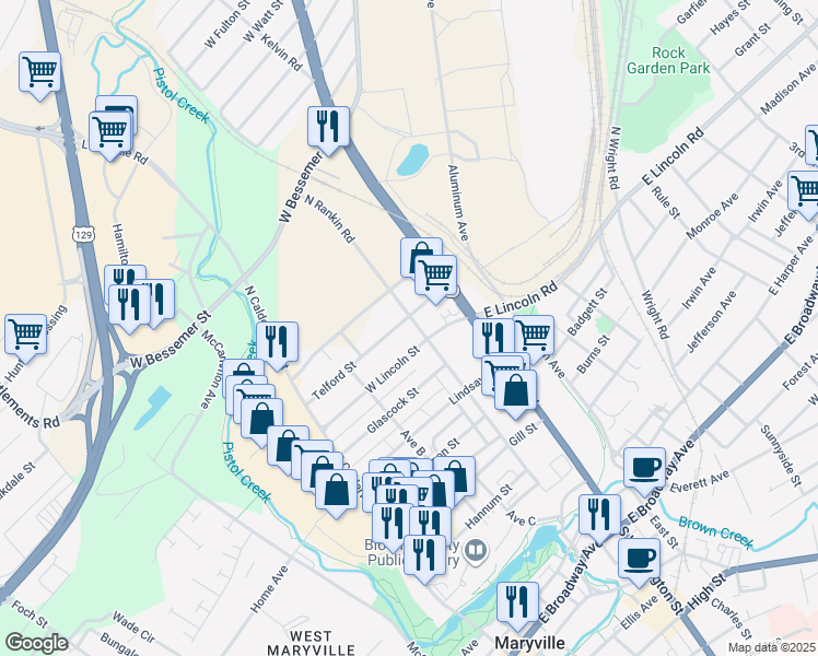 map of restaurants, bars, coffee shops, grocery stores, and more near 204 West Lincoln Street in Alcoa
