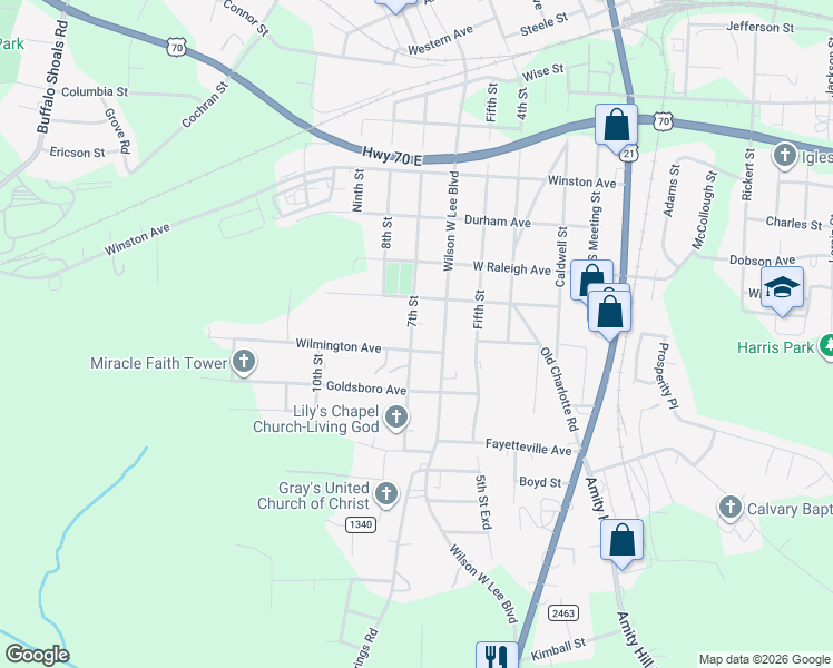 map of restaurants, bars, coffee shops, grocery stores, and more near 1340 Wilson W Lee Boulevard in Statesville
