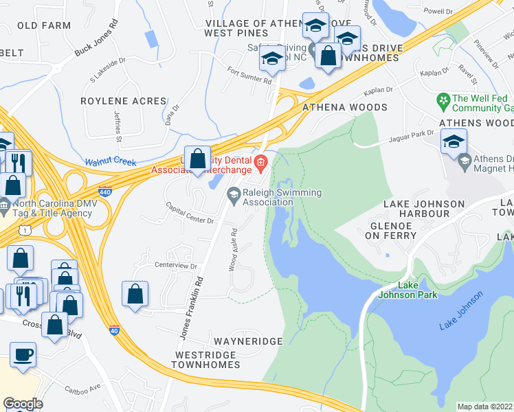 map of restaurants, bars, coffee shops, grocery stores, and more near Lake Beacon Way in Raleigh