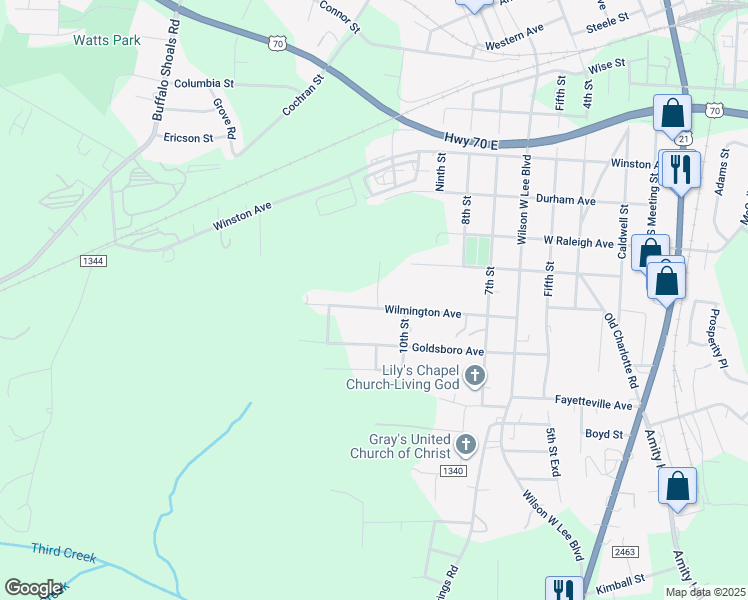 map of restaurants, bars, coffee shops, grocery stores, and more near 1028 Wilmington Avenue in Statesville