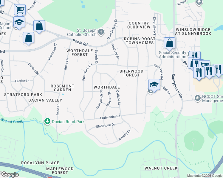 map of restaurants, bars, coffee shops, grocery stores, and more near in Raleigh