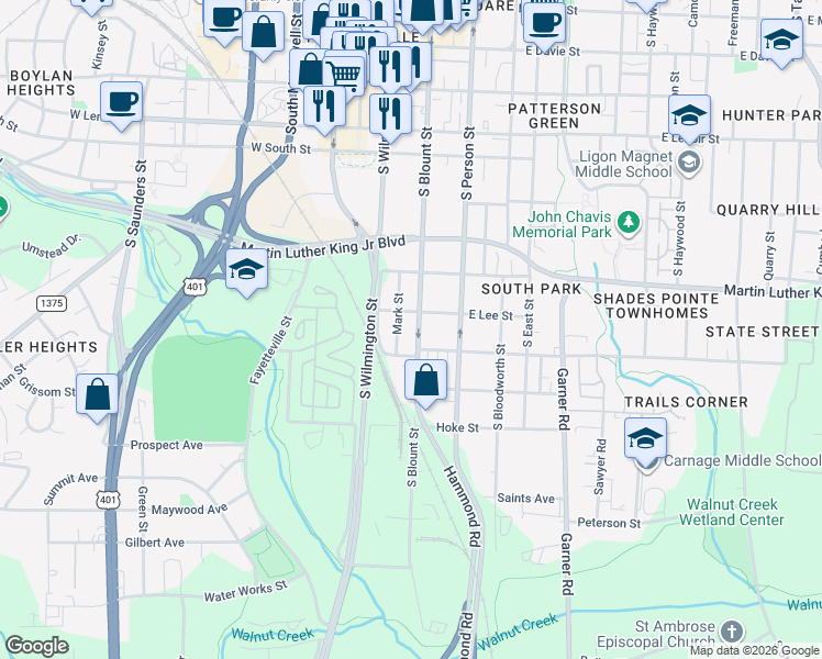 map of restaurants, bars, coffee shops, grocery stores, and more near 1128 South Blount Street in Raleigh