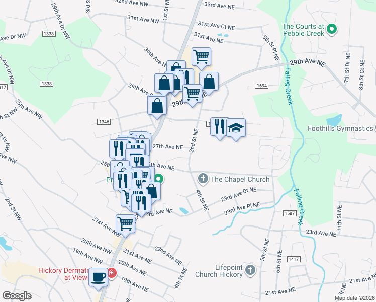 map of restaurants, bars, coffee shops, grocery stores, and more near in Hickory