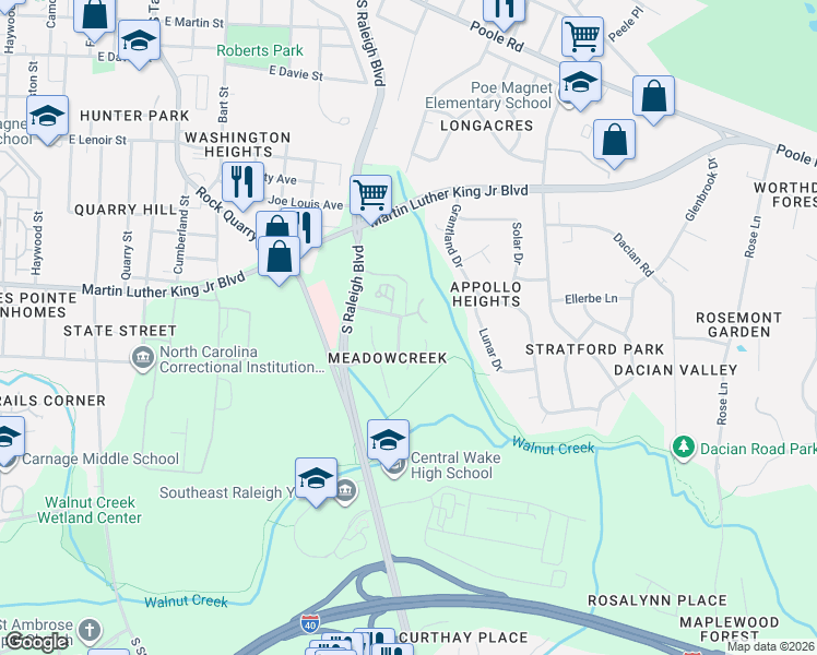 map of restaurants, bars, coffee shops, grocery stores, and more near 1737 Blazing Star Lane in Raleigh