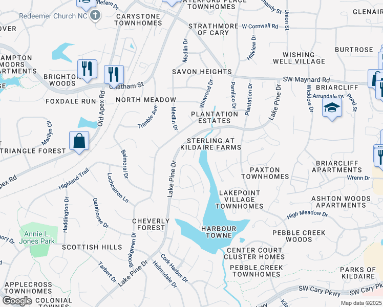 map of restaurants, bars, coffee shops, grocery stores, and more near 102 Cape Cod Drive in Cary