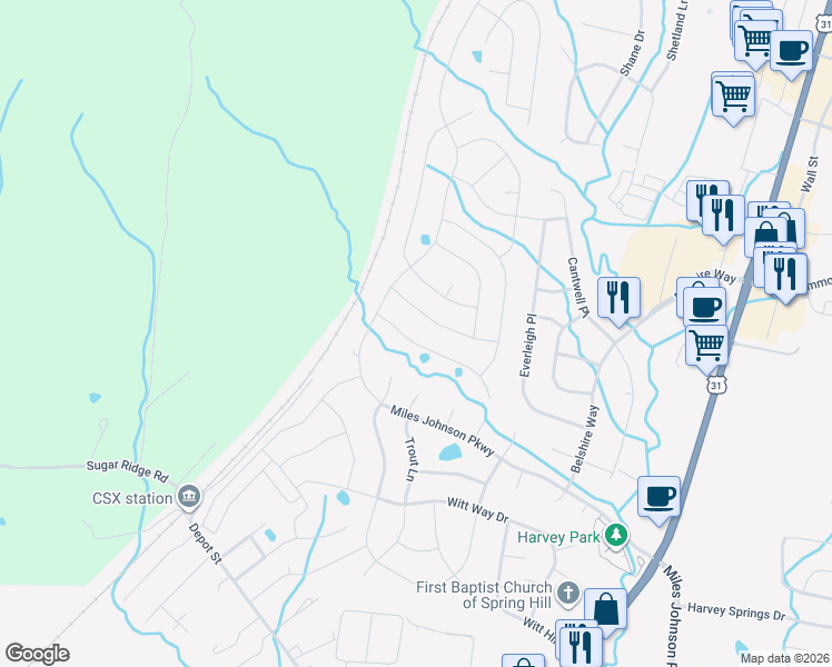 map of restaurants, bars, coffee shops, grocery stores, and more near 8012 Puddleduck Lane in Spring Hill