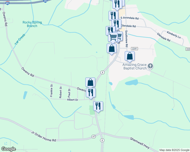 map of restaurants, bars, coffee shops, grocery stores, and more near North Carolina 8 in Lexington
