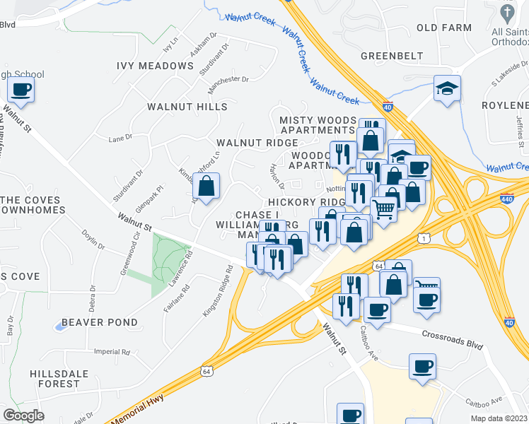 map of restaurants, bars, coffee shops, grocery stores, and more near 1222 Donaldson Court in Cary