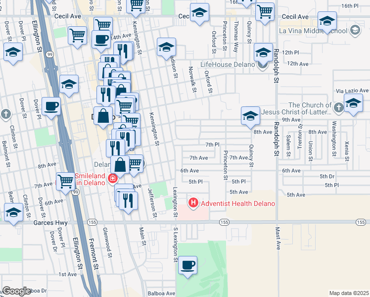 map of restaurants, bars, coffee shops, grocery stores, and more near 1315 7th Avenue in Delano