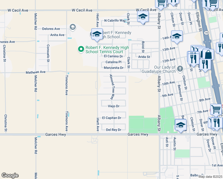 map of restaurants, bars, coffee shops, grocery stores, and more near 900 Almond Tree Way in Delano