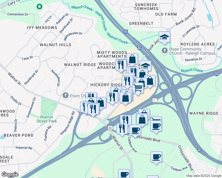 map of restaurants, bars, coffee shops, grocery stores, and more near 113 Noel Ann Court in Cary