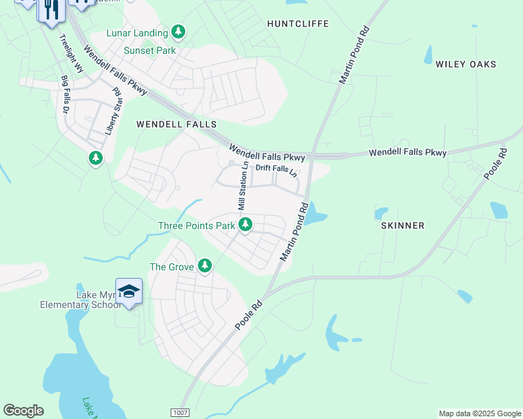 map of restaurants, bars, coffee shops, grocery stores, and more near 1025 Groveview Wynd in Wendell