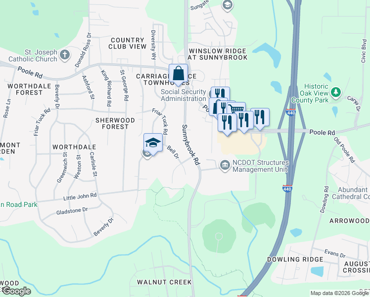 map of restaurants, bars, coffee shops, grocery stores, and more near 704 Sunnybrook Road in Raleigh