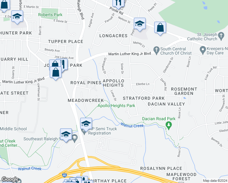 map of restaurants, bars, coffee shops, grocery stores, and more near 721 Lunar Drive in Raleigh