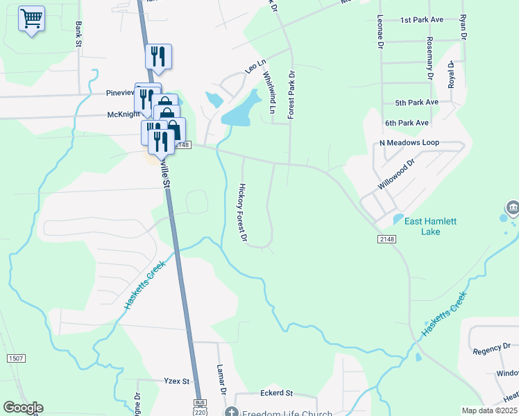 map of restaurants, bars, coffee shops, grocery stores, and more near 2409 Hickory Forest Drive in Asheboro