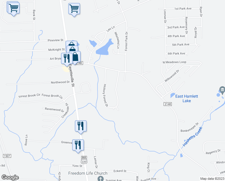 map of restaurants, bars, coffee shops, grocery stores, and more near 2409 Hickory Forest Drive in Asheboro
