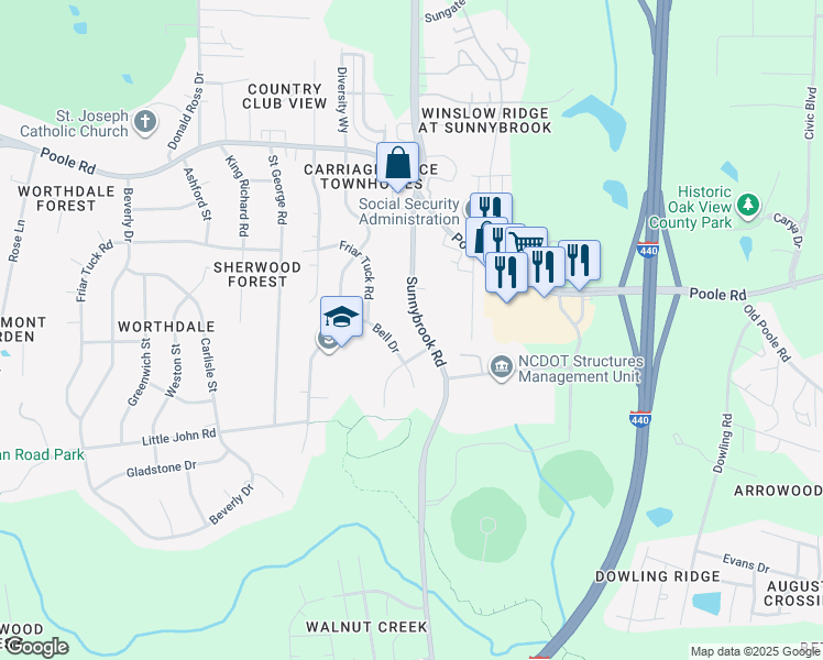 map of restaurants, bars, coffee shops, grocery stores, and more near 704 Sunnybrook Road in Raleigh