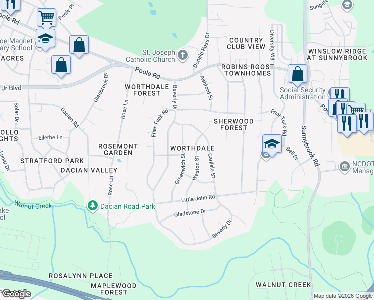 map of restaurants, bars, coffee shops, grocery stores, and more near 904 Greenwich Street in Raleigh